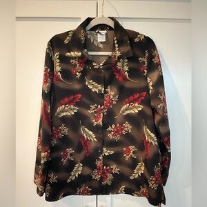 BonWorth Brown Red Floral Button Down Blouse Feather Print | M
